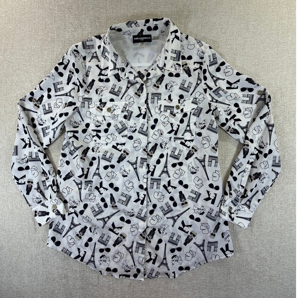 Karl Lagerfeld Women M White Black Travel Paris Print Long Sleeve Button Shirt